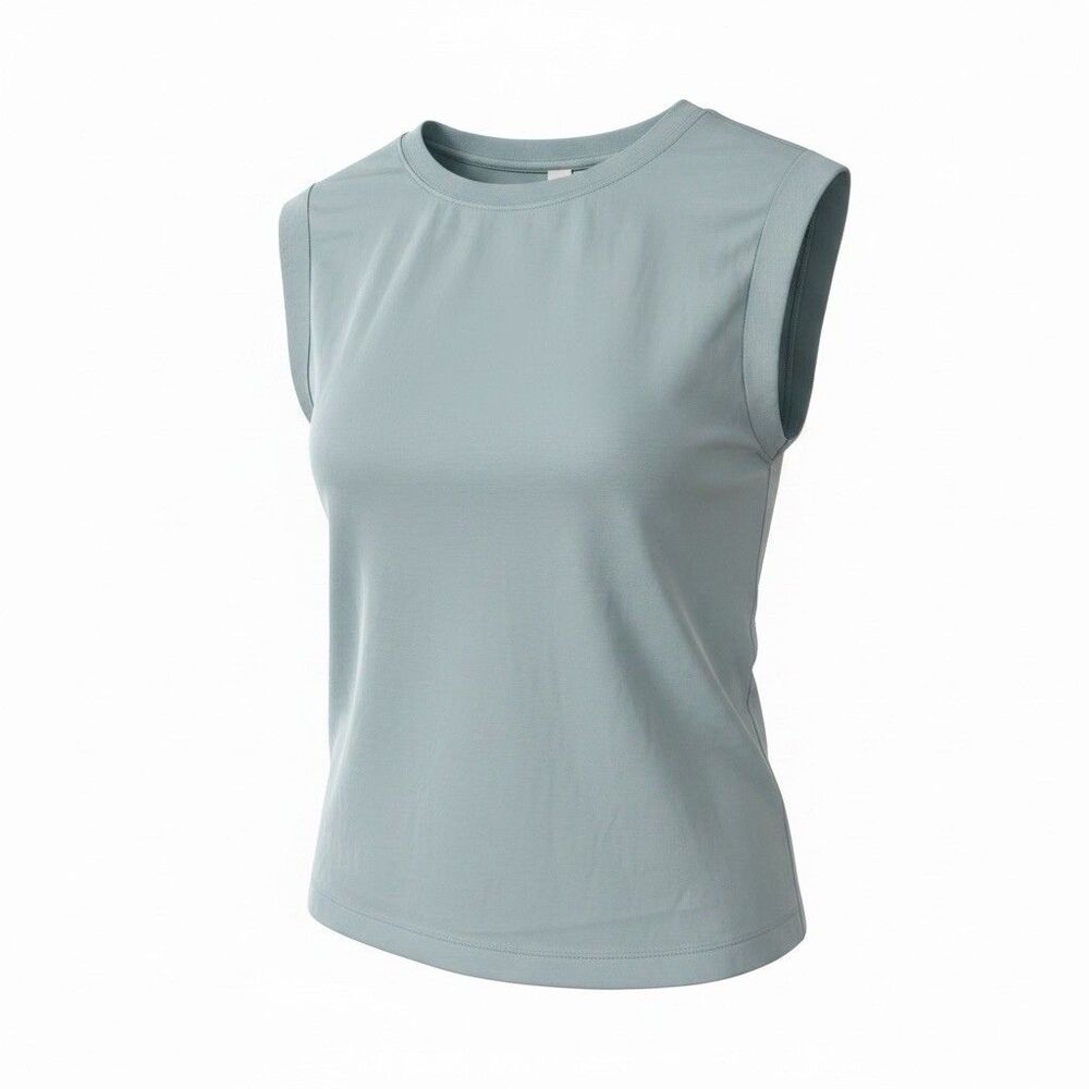 Melissa Nepton Top Ice Blue Satin Large Mixed Media Sleeveless Blouse Minimalist